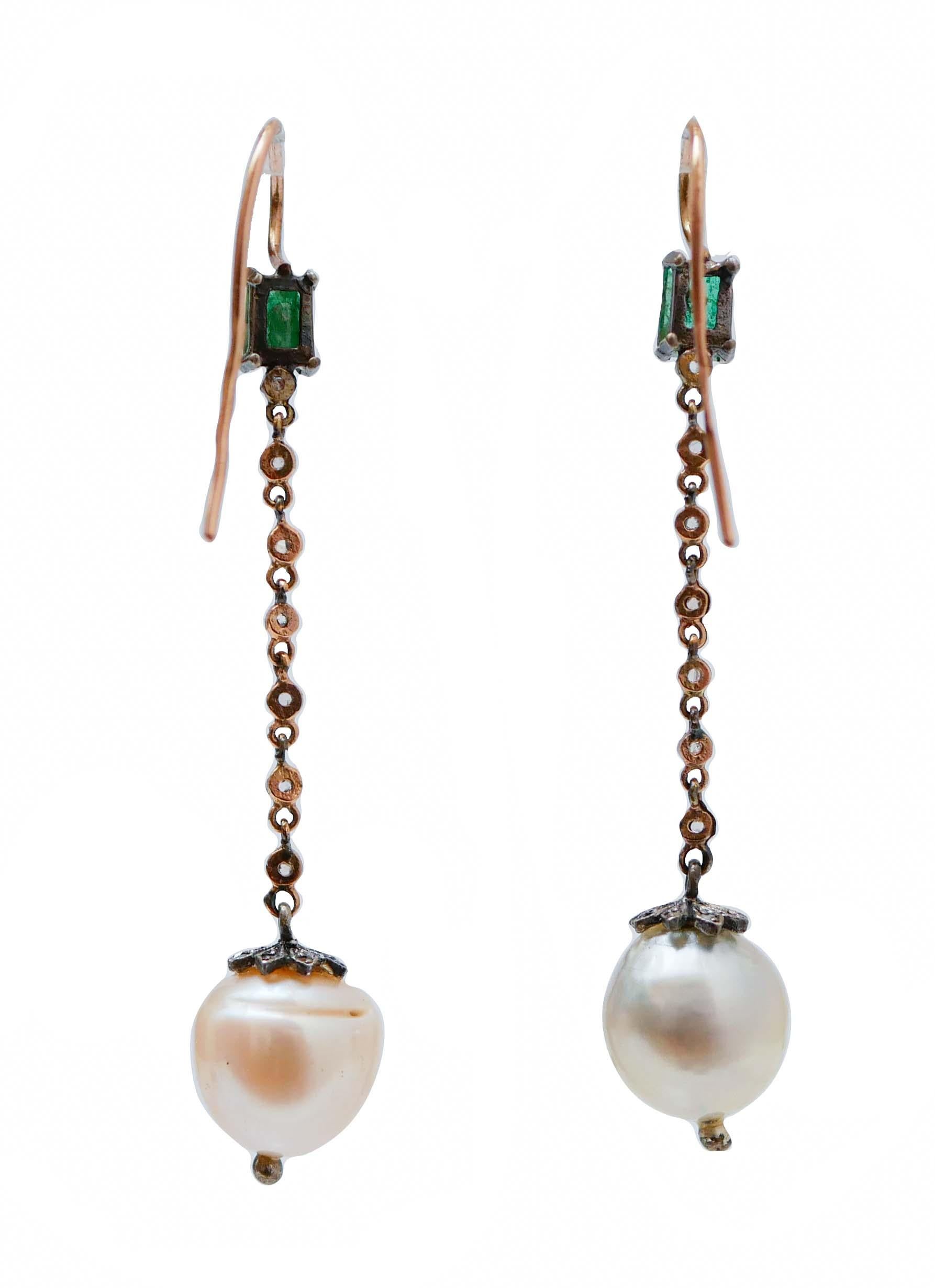 Retro Pearls, Emeralds, Diamonds, Rose Gold and Silver Dangle Earrings. For Sale