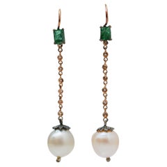 Pearls, Emeralds, Diamonds, Rose Gold and Silver Dangle Earrings.
