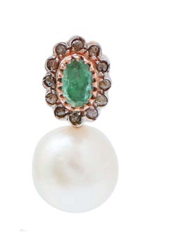 Pearls, Emeralds, Diamonds, Rose Gold and Silver Earrings.