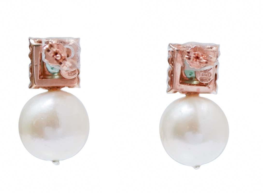 Retro Pearls, Emeralds, Diamonds, Rose Gold and Silver Earrings. For Sale