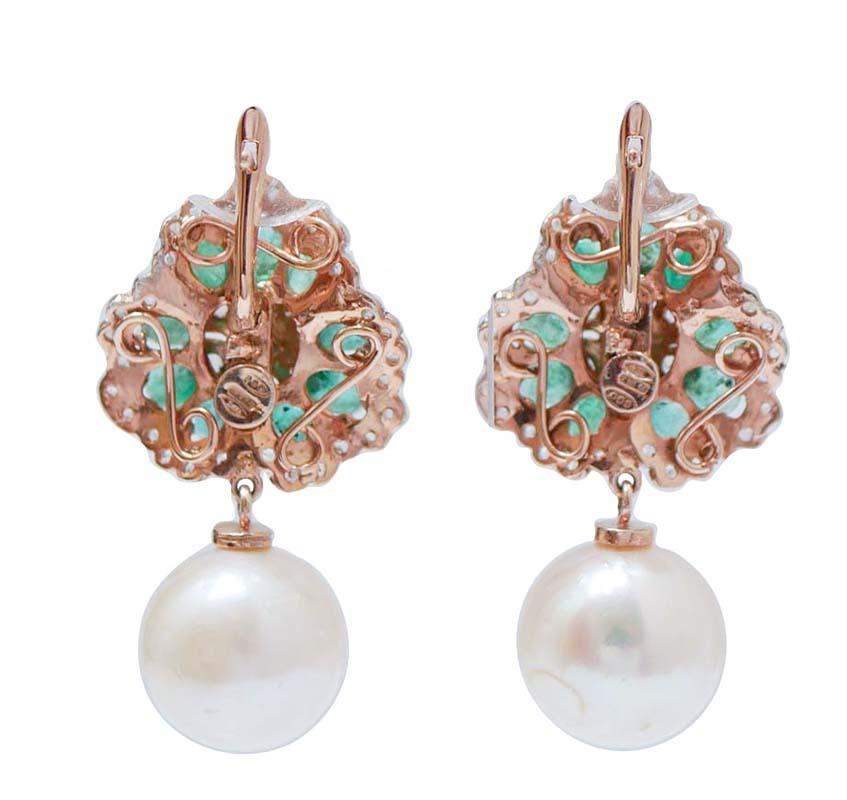 Retro Pearls, Emeralds, Diamonds, Rose Gold and Silver Earrings.