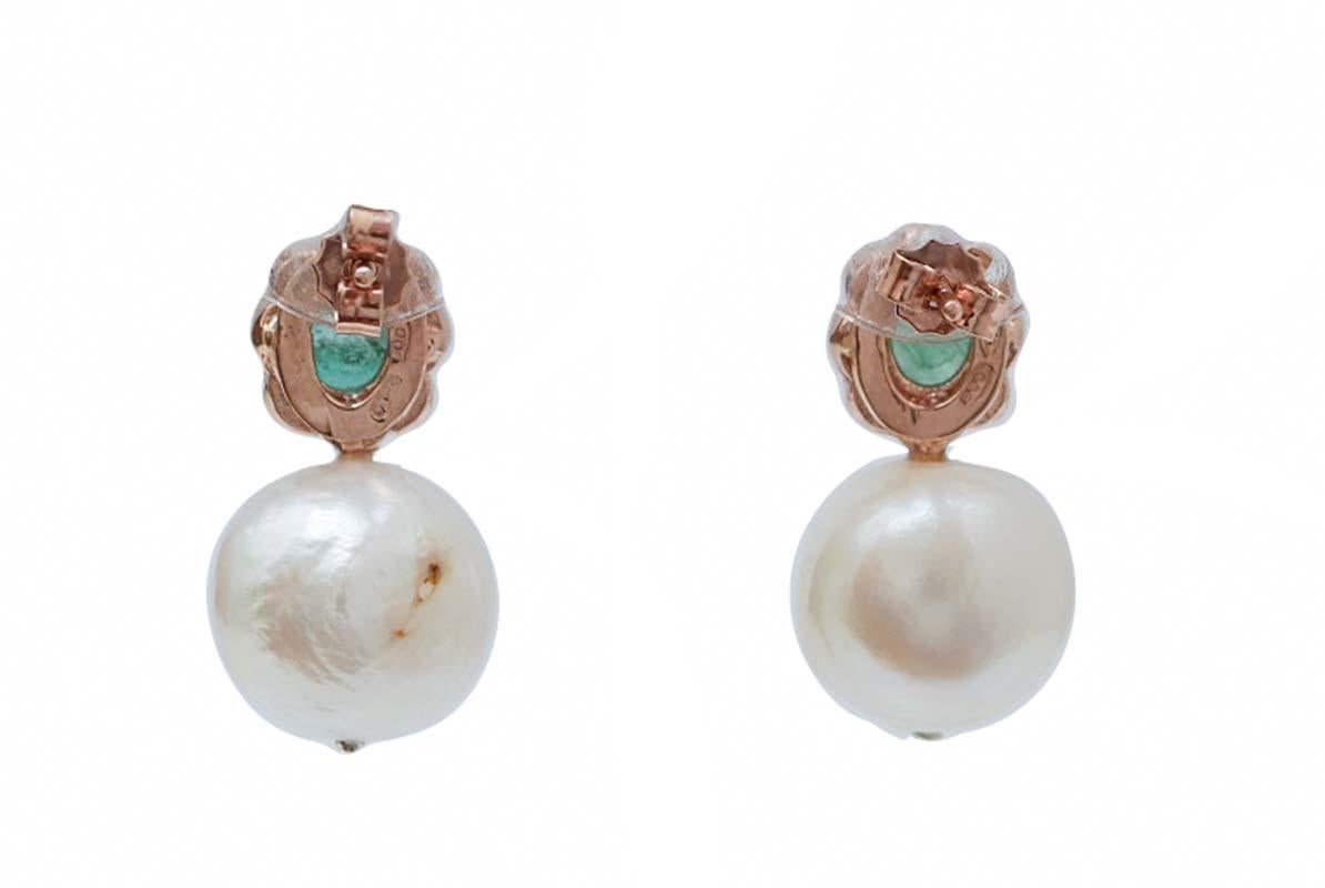 Retro Pearls, Emeralds, Diamonds, Rose Gold and Silver Earrings.