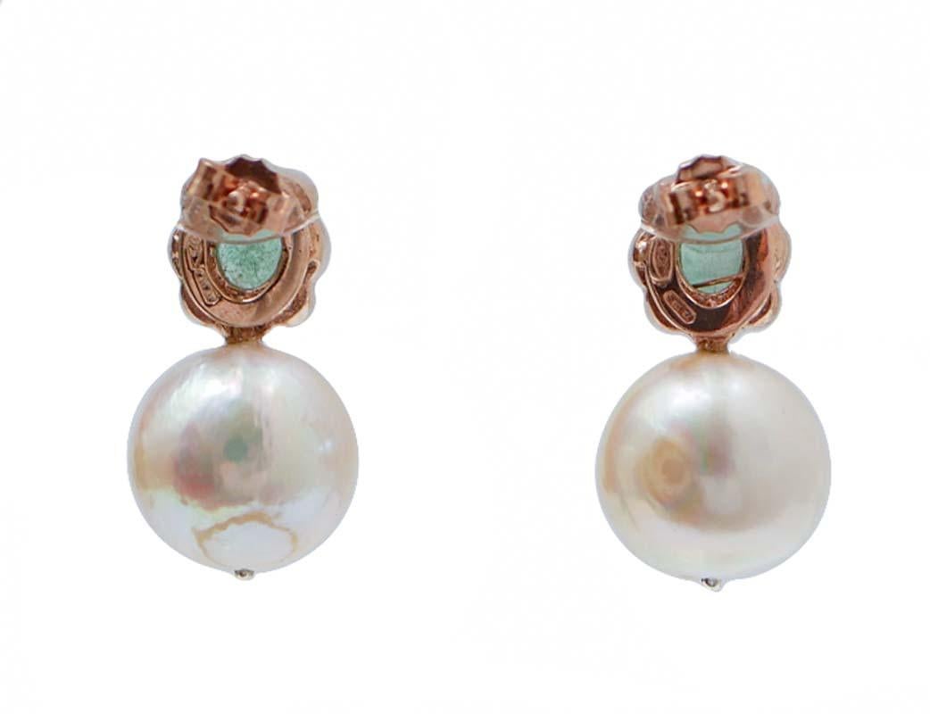 Retro Pearls, Emeralds, Diamonds, Rose Gold and Silver Earrings.