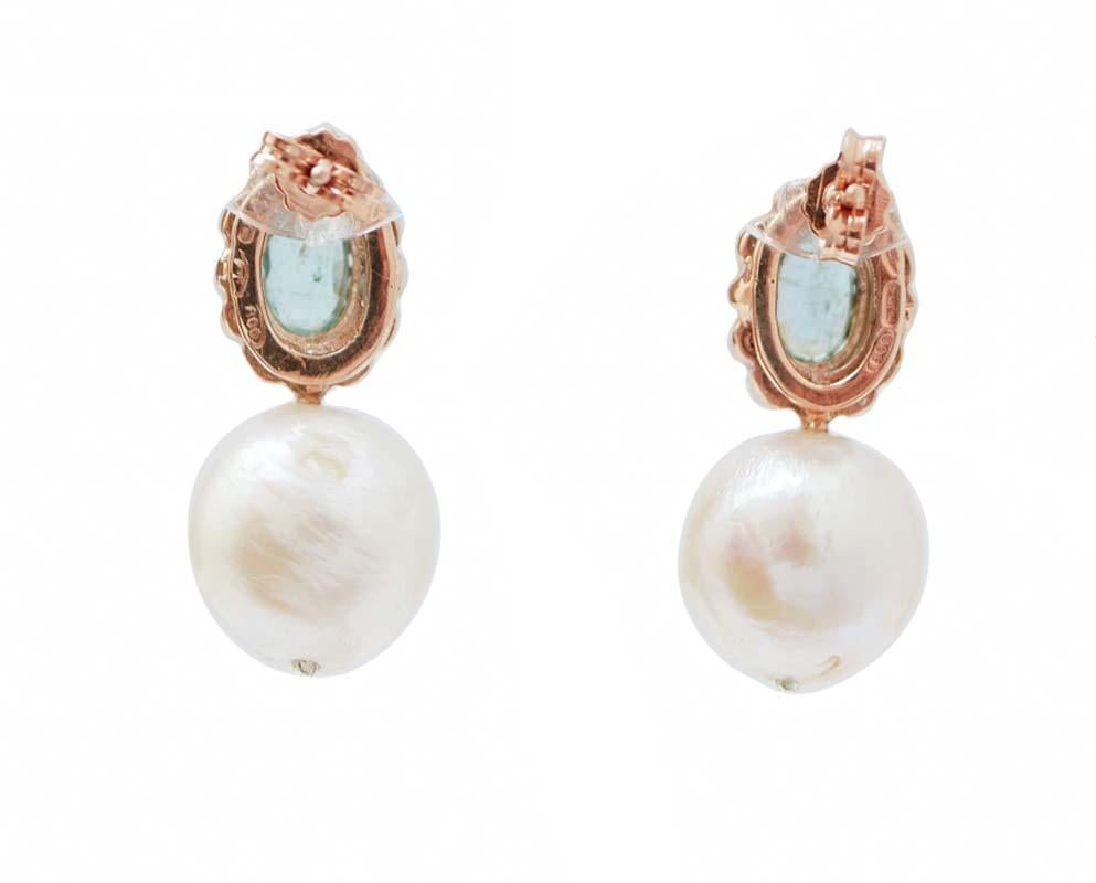 Rétro Perle, smeraldi, diamanti, orecchini in oro rosa e argento. in vendita