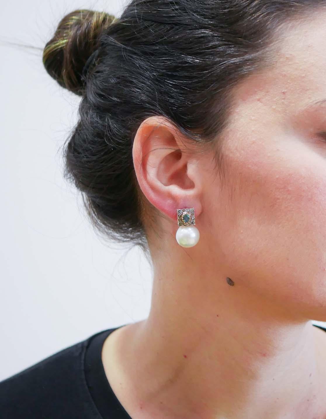 Mixed Cut Pearls, Emeralds, Diamonds, Rose Gold and Silver Earrings. For Sale