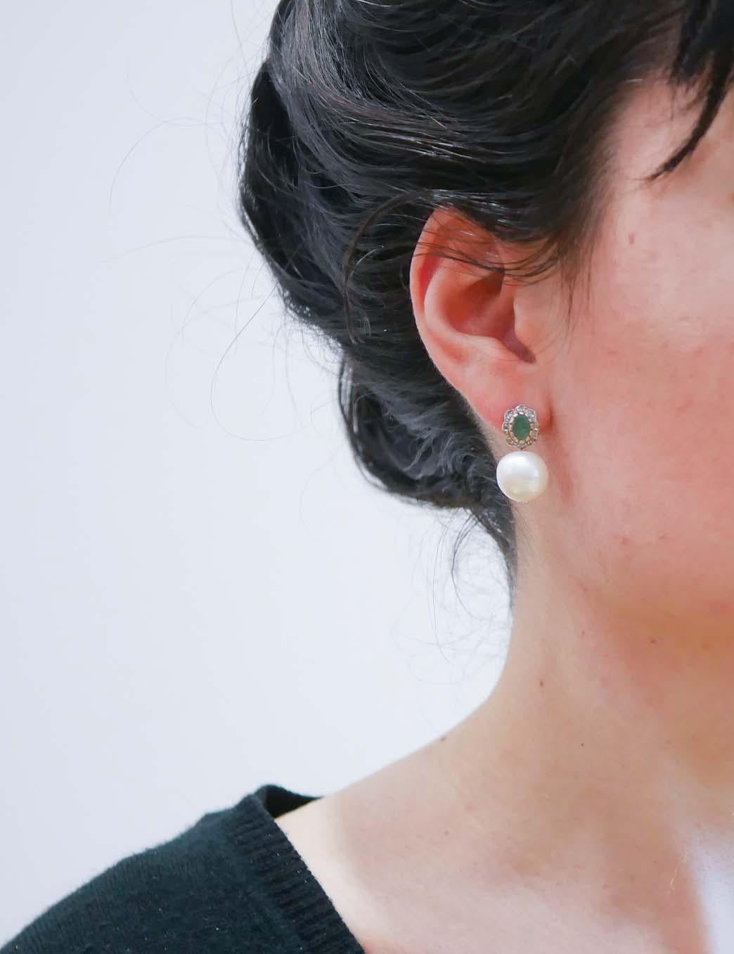 Mixed Cut Pearls, Emeralds, Diamonds, Rose Gold and Silver Earrings.