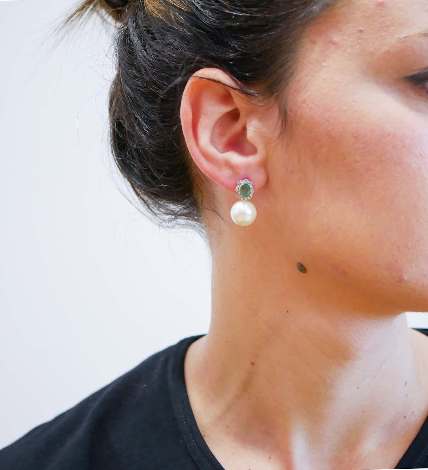 Mixed Cut Pearls, Emeralds, Diamonds, Rose Gold and Silver Earrings.
