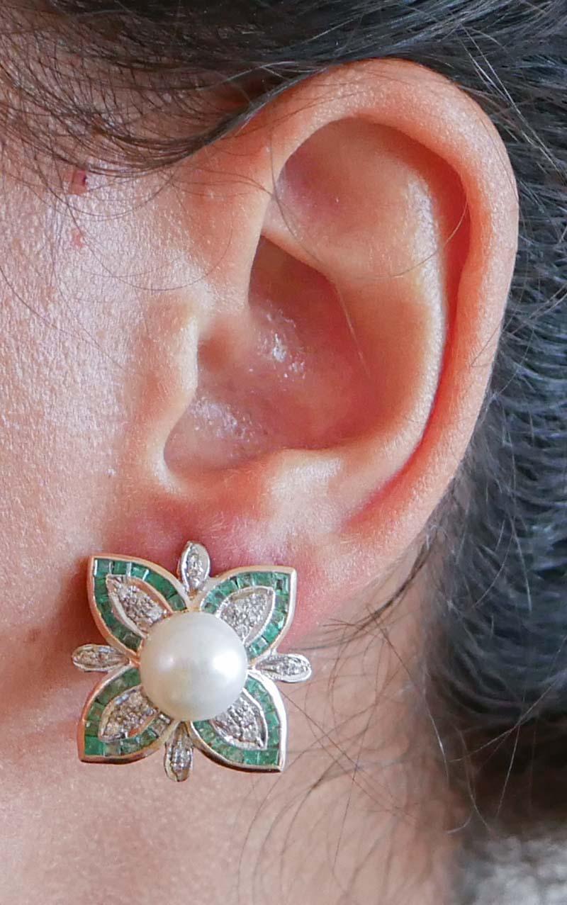 Pearls, Emeralds, Diamonds, Rose Gold and Silver Earrings In New Condition For Sale In Marcianise, Marcianise (CE)