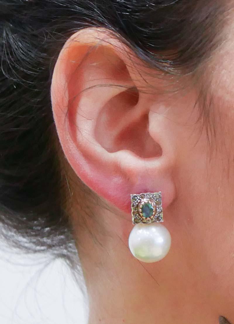 Pearls, Emeralds, Diamonds, Rose Gold and Silver Earrings. In New Condition For Sale In Marcianise, Marcianise (CE)