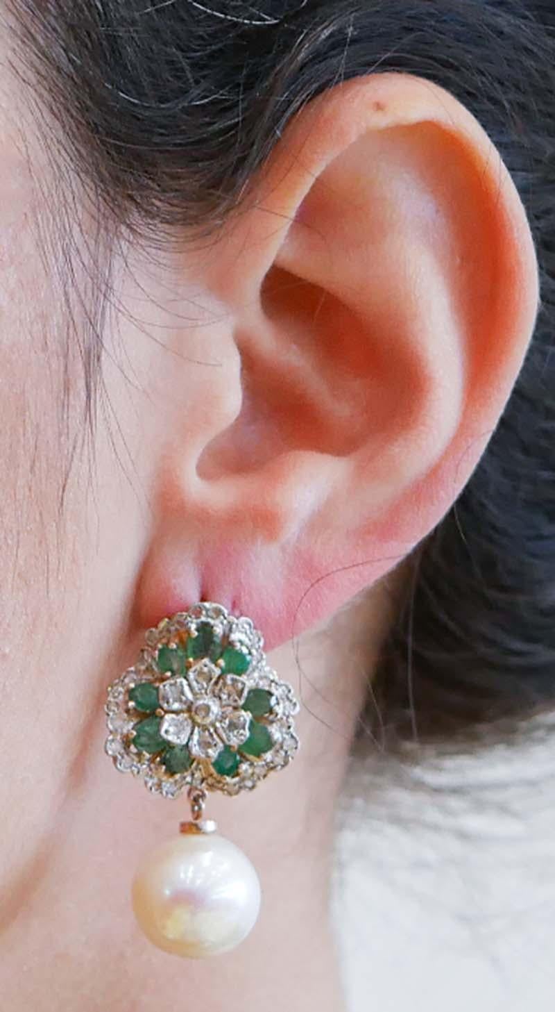 Pearls, Emeralds, Diamonds, Rose Gold and Silver Earrings. In Good Condition In Marcianise, Marcianise (CE)