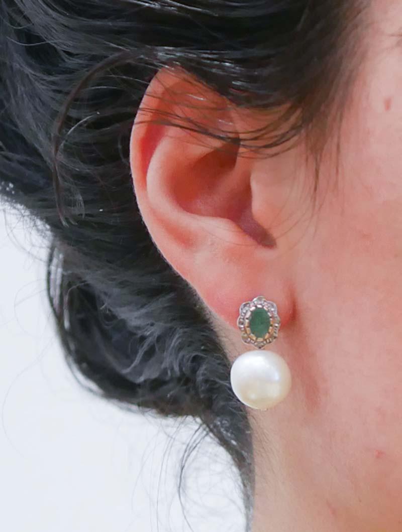 Pearls, Emeralds, Diamonds, Rose Gold and Silver Earrings. In New Condition In Marcianise, Marcianise (CE)