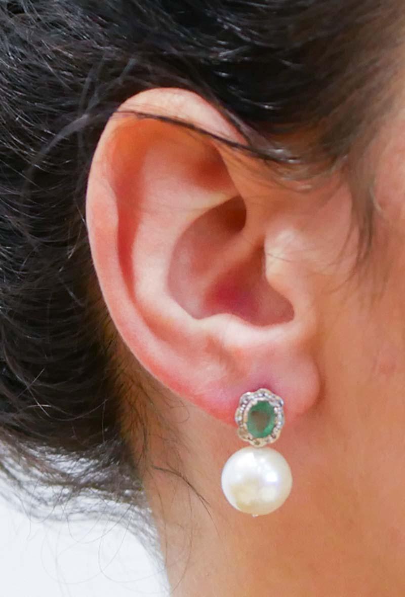 Pearls, Emeralds, Diamonds, Rose Gold and Silver Earrings. In New Condition In Marcianise, Marcianise (CE)