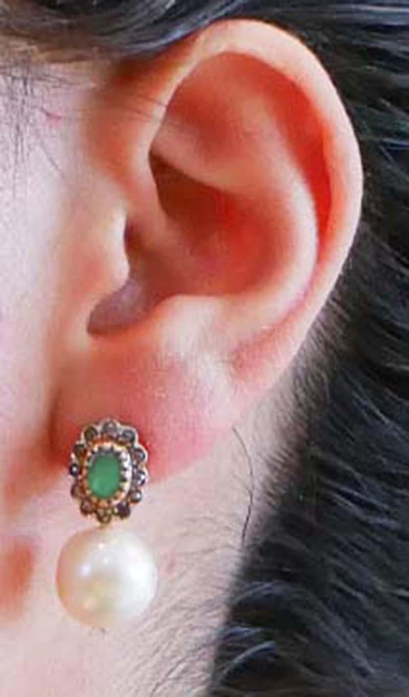 Perle, smeraldi, diamanti, orecchini in oro rosa e argento. In condizioni Nuovo in vendita a Marcianise, Marcianise (CE)