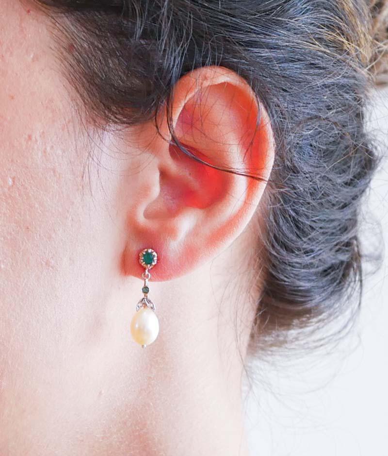 Boucles d'oreilles en argent, perles, émeraudes et diamants. Bon état - En vente à Marcianise, Marcianise (CE)