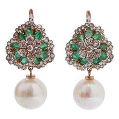 Pearls, Emeralds, Diamonds, Rose Gold and Silver Earrings.
