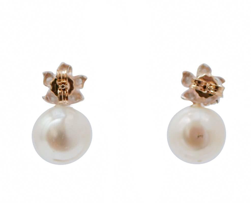 Retro Pearls, Emeralds, Diamonds, Rose Gold Flower Earrings. For Sale