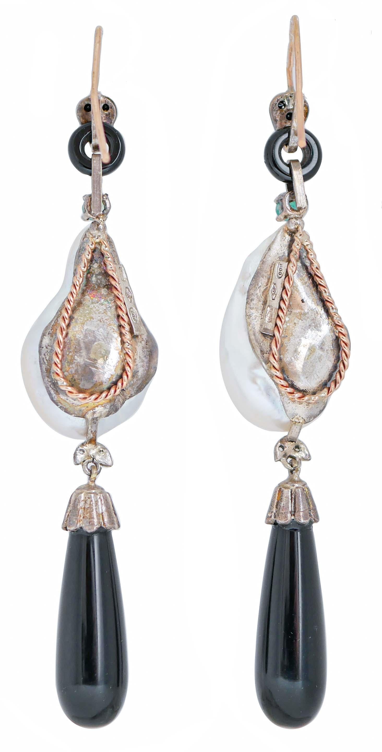 Retro Pearls, Emeralds, Onyx, Sapphires, Diamonds, Rose Gold and Silver Earrings. For Sale