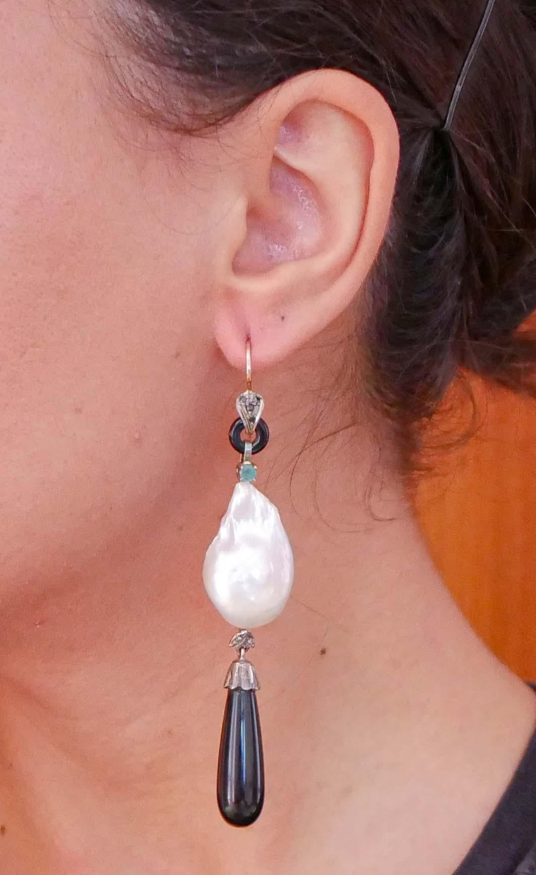 Pearls, Emeralds, Onyx, Sapphires, Diamonds, Rose Gold and Silver Earrings. In Good Condition In Marcianise, Marcianise (CE)