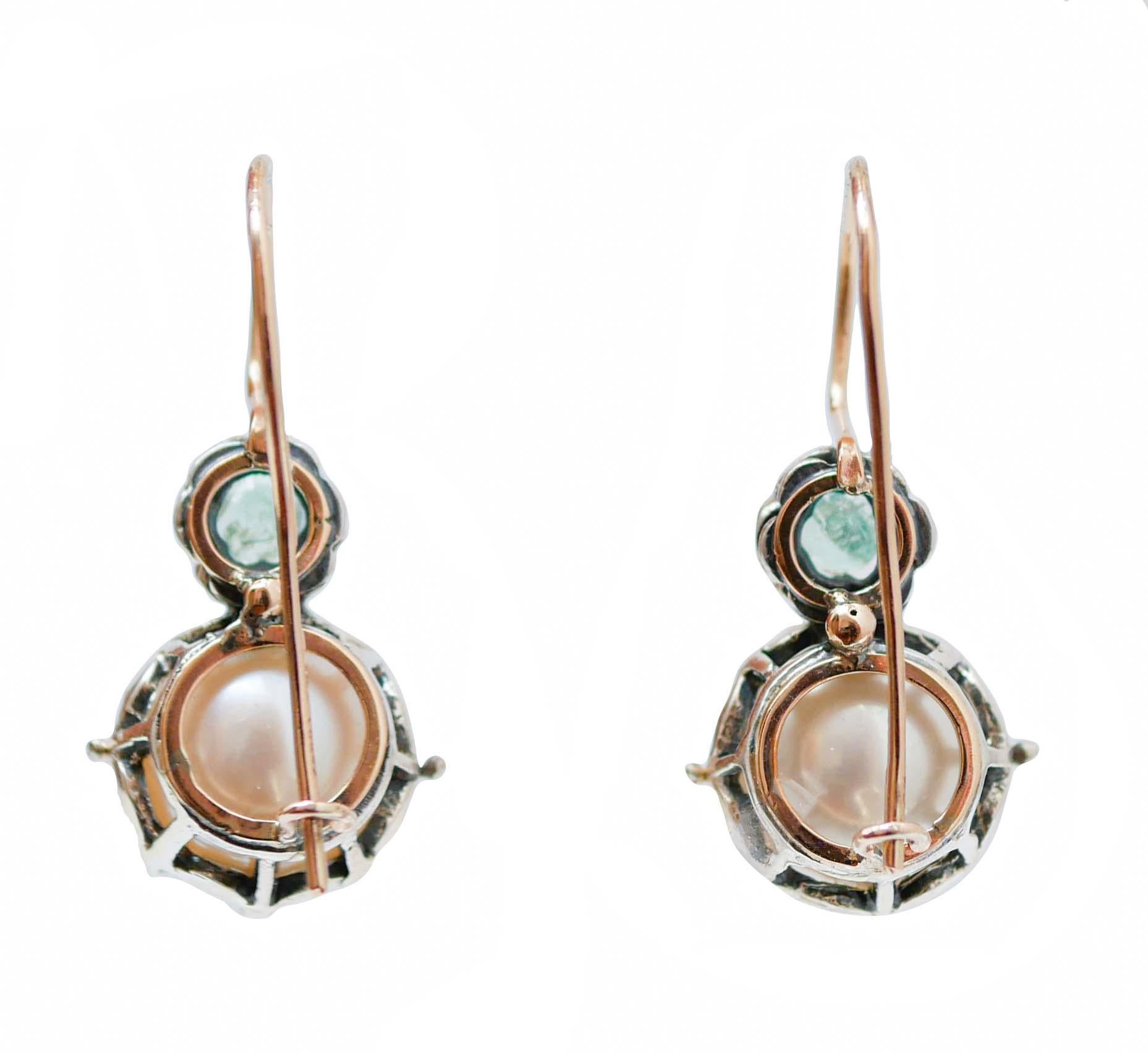 Retro Pearls, Emeralds, Rose Gold and Silver Retrò Earrings. For Sale