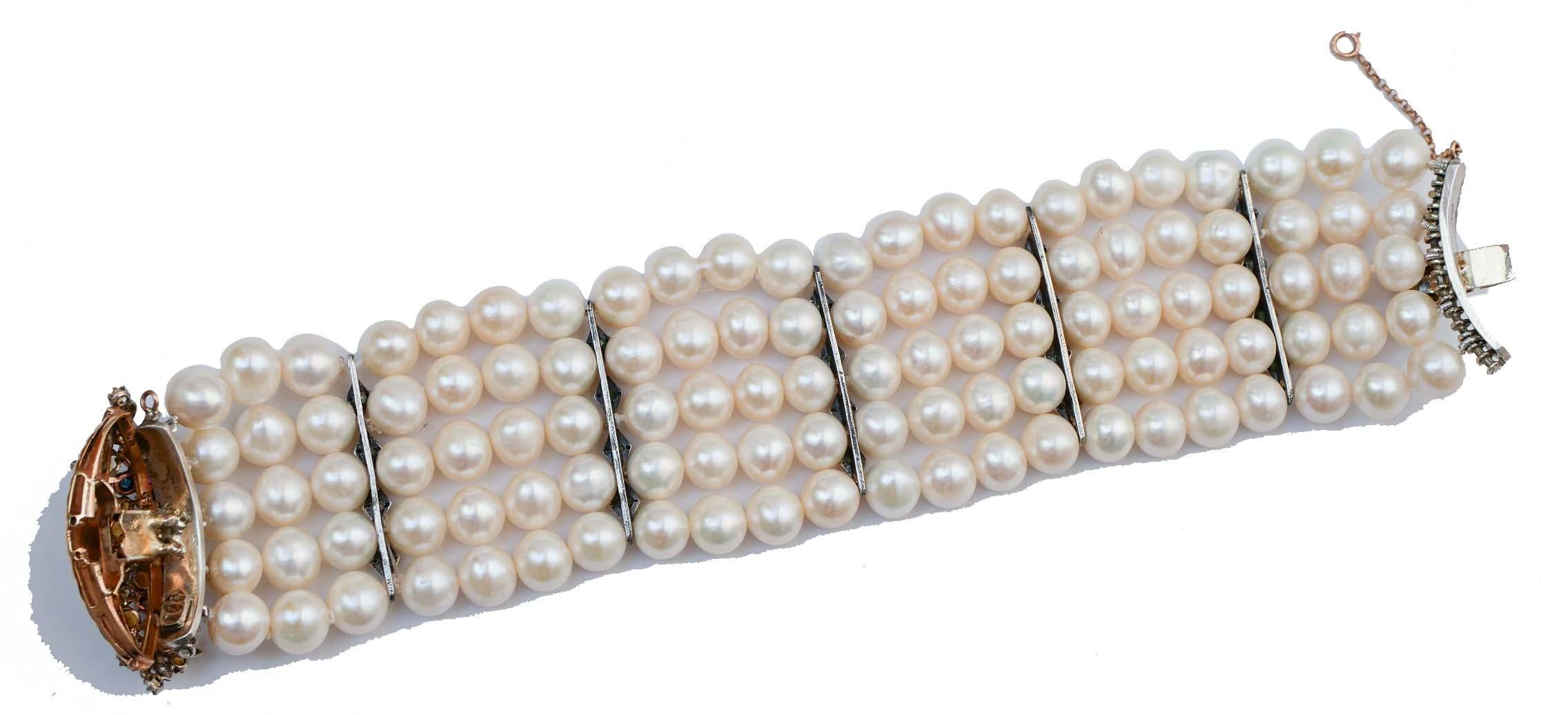 Retro Pearls, Emeralds, Rubies, Sapphires, Diamonds, Rose Gold and Silver Bracelet. For Sale