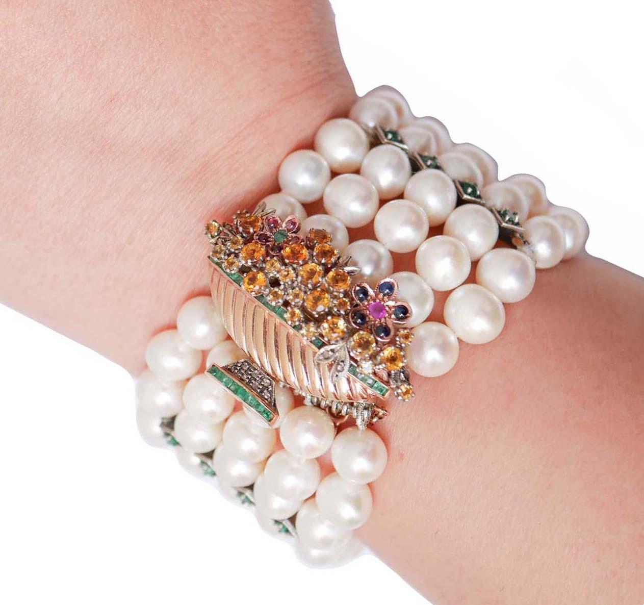 Women's Pearls, Emeralds, Rubies, Sapphires, Diamonds, Rose Gold and Silver Bracelet. For Sale