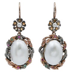 Pearls, Emeralds, Rubies, Sapphires, Rose Gold and Silver Dangle Earrings Pearls, Emeralds, Rubies, Sapphires, Rose Gold and Silver Dangle Earrings