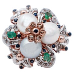 Pearls, Emeralds, Sapphires, Diamonds, 9 Karat Rose Gold and Silver Retrò Ring
