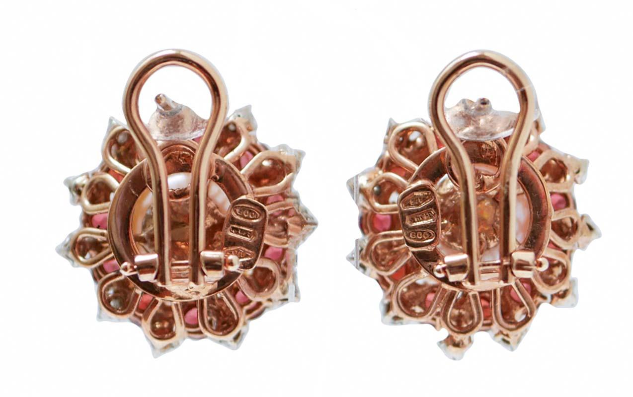 Rétro Perle, granati, diamanti, orecchini in oro rosa e argento. in vendita