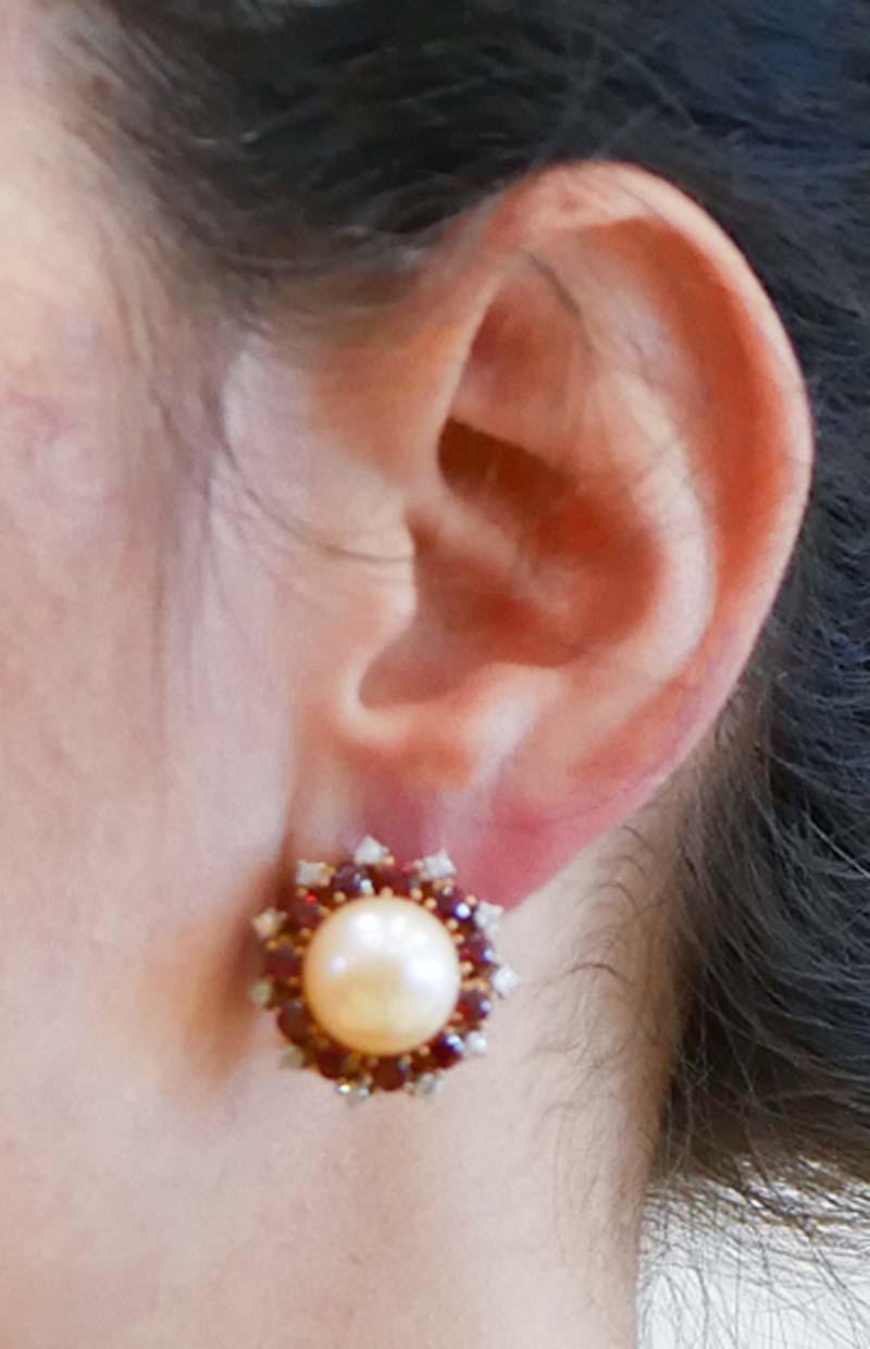 Perle, granati, diamanti, orecchini in oro rosa e argento. In condizioni buone in vendita a Marcianise, Marcianise (CE)