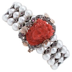 Bracelet en or rose 9 carats, perles, grenats, diamants, rubis et corail