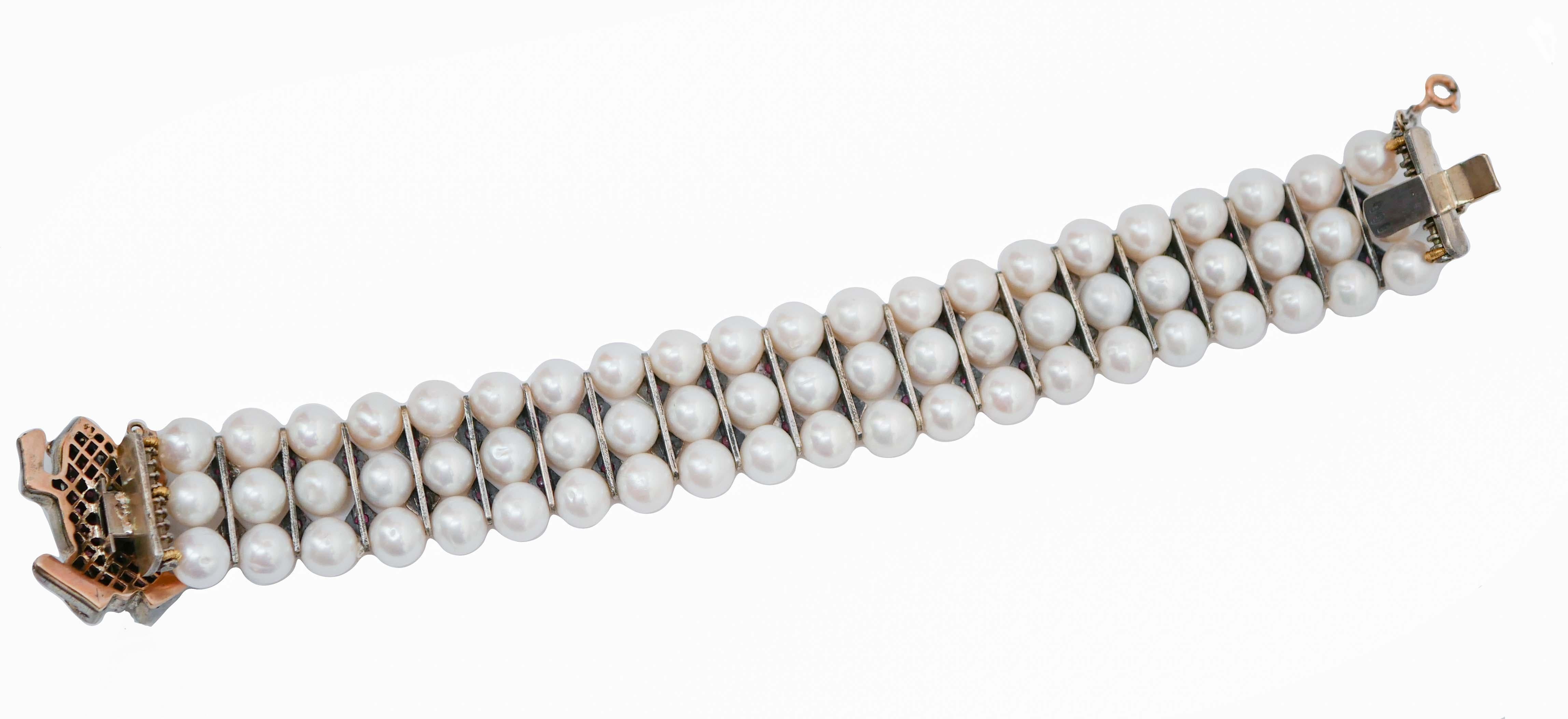 Frosch-Armband aus Roségold mit Perlen, Granaten, Rubinen, Diamanten, Roségold und Silber (Retro) im Angebot