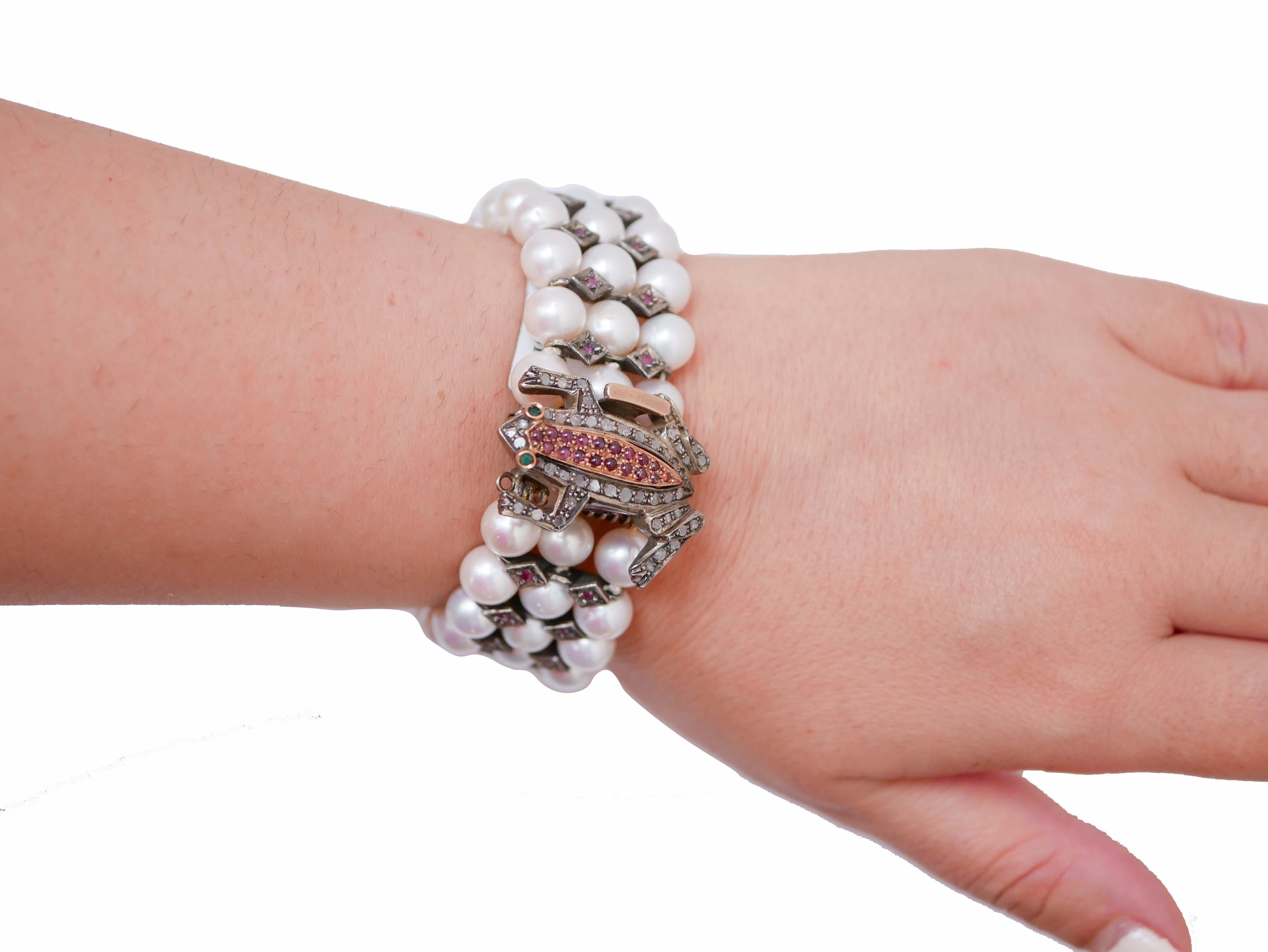 Mixed Cut Pearls, Garnets, Rubies, Diamonds, Rose Gold and Silver Frog Bracelet For Sale
