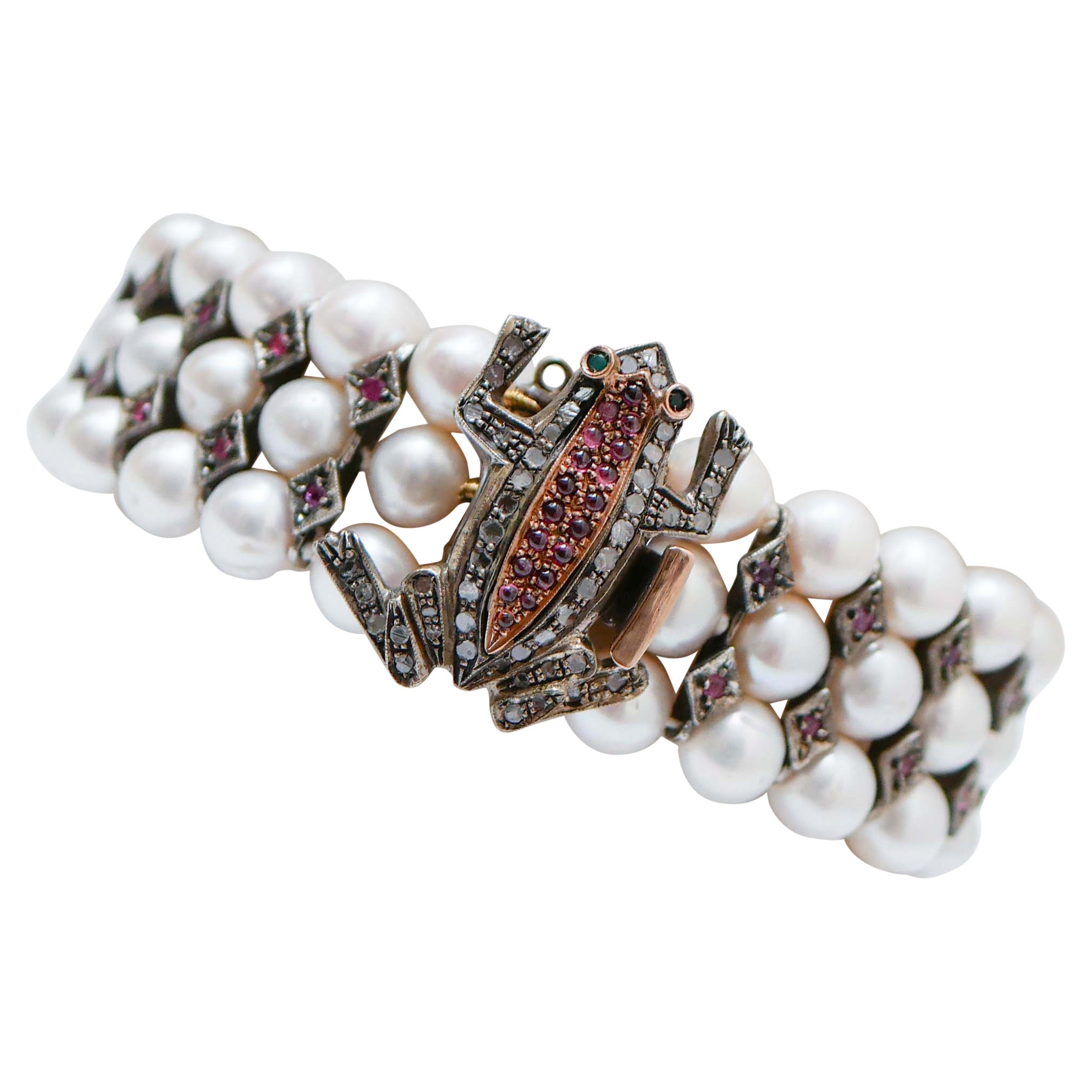 Perlas, Granates, Rubíes, Diamantes, Oro Rosa y Plata Pulsera Rana