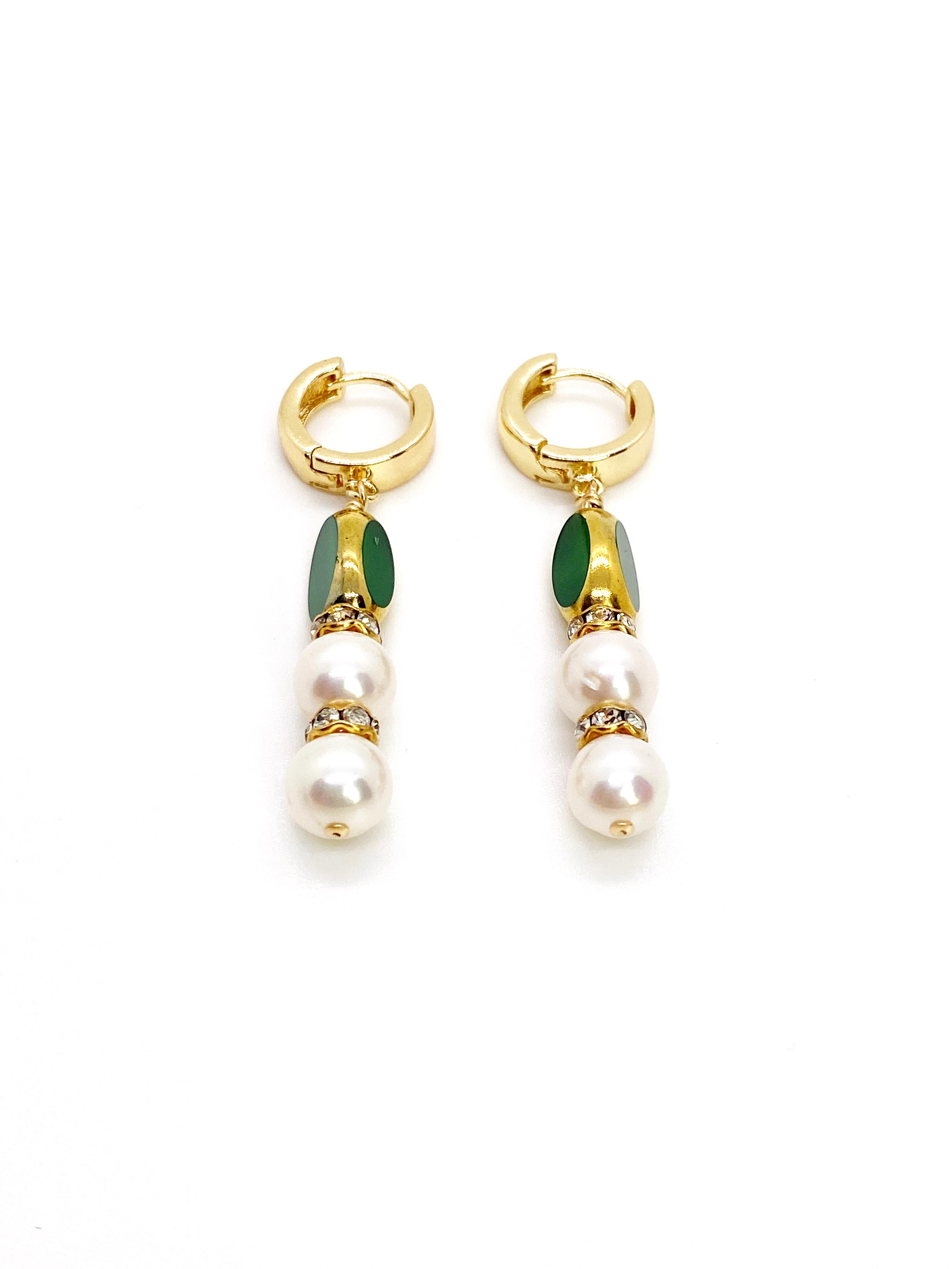 Matte green vintage German glass beads edged with 24K gold with freshwater pearls accented with gold plated rhinestone on a 14K gold filled metals ear findings.

The vintage German bead is considered rare and collectible, circa 1920s-1960s. 

*Our