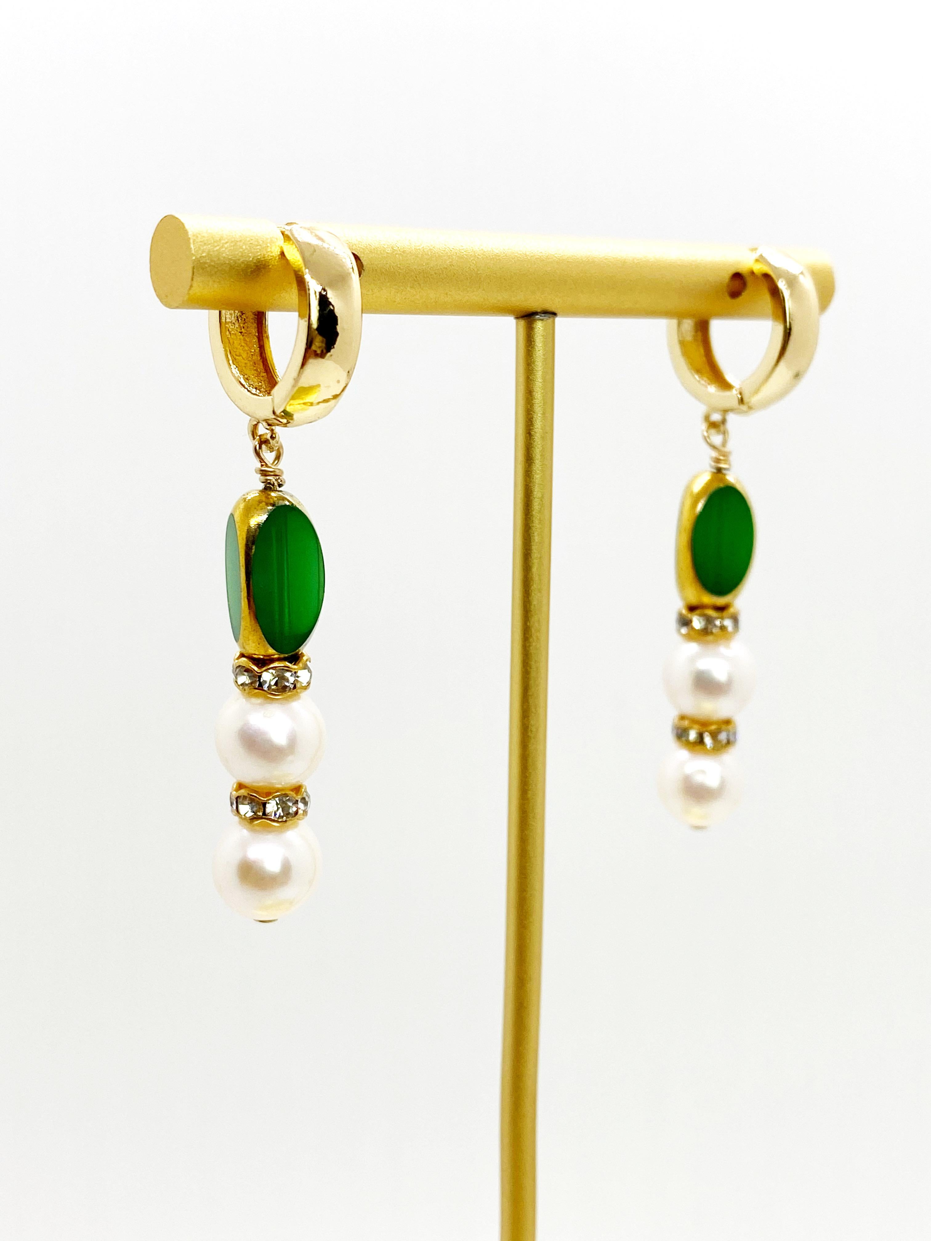 Contemporary Pearls & Matte Green Vintage German Glass Beads edged with 24K gold Earrings For Sale