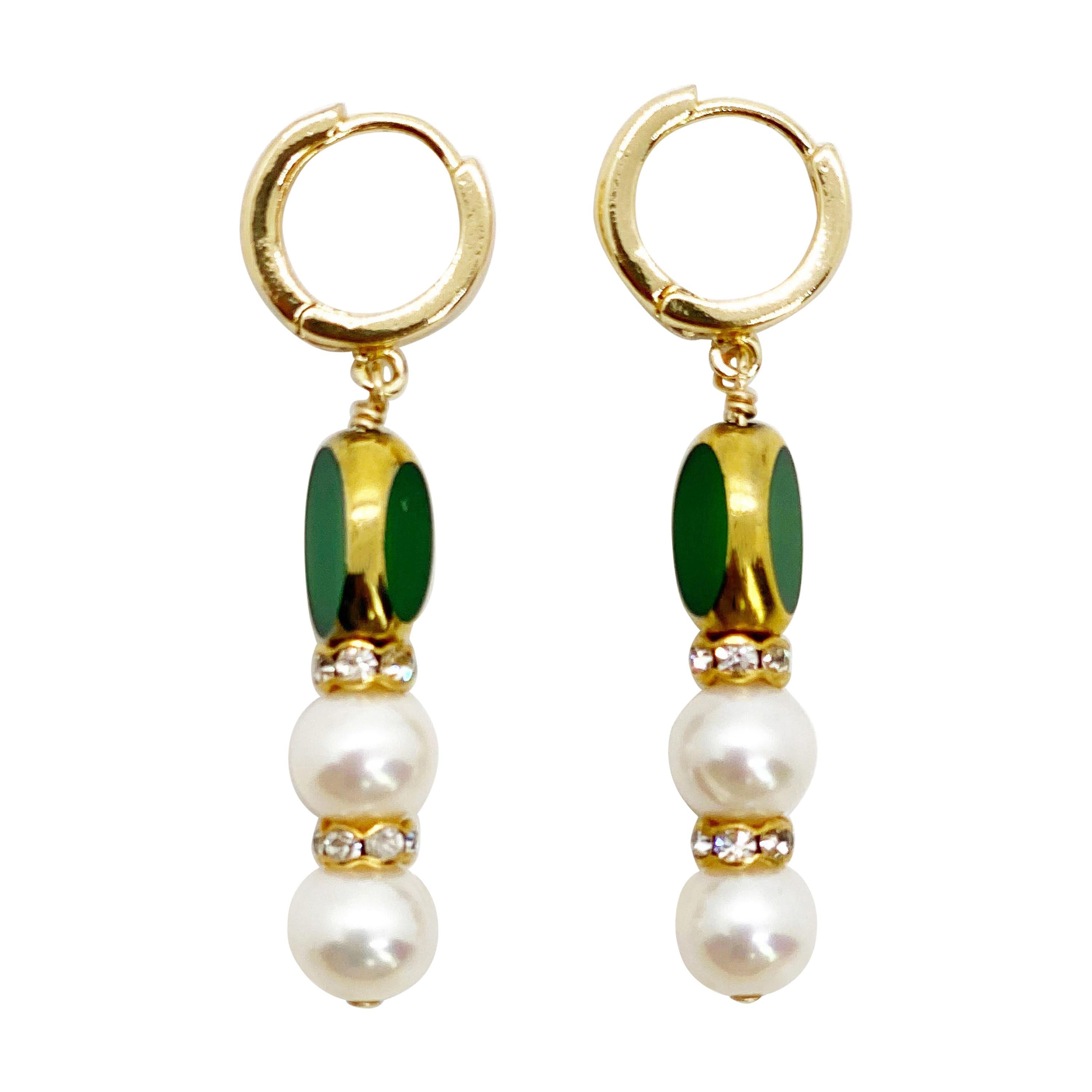 Pearls & Matte Green Vintage German Glass Beads edged with 24K gold Earrings For Sale