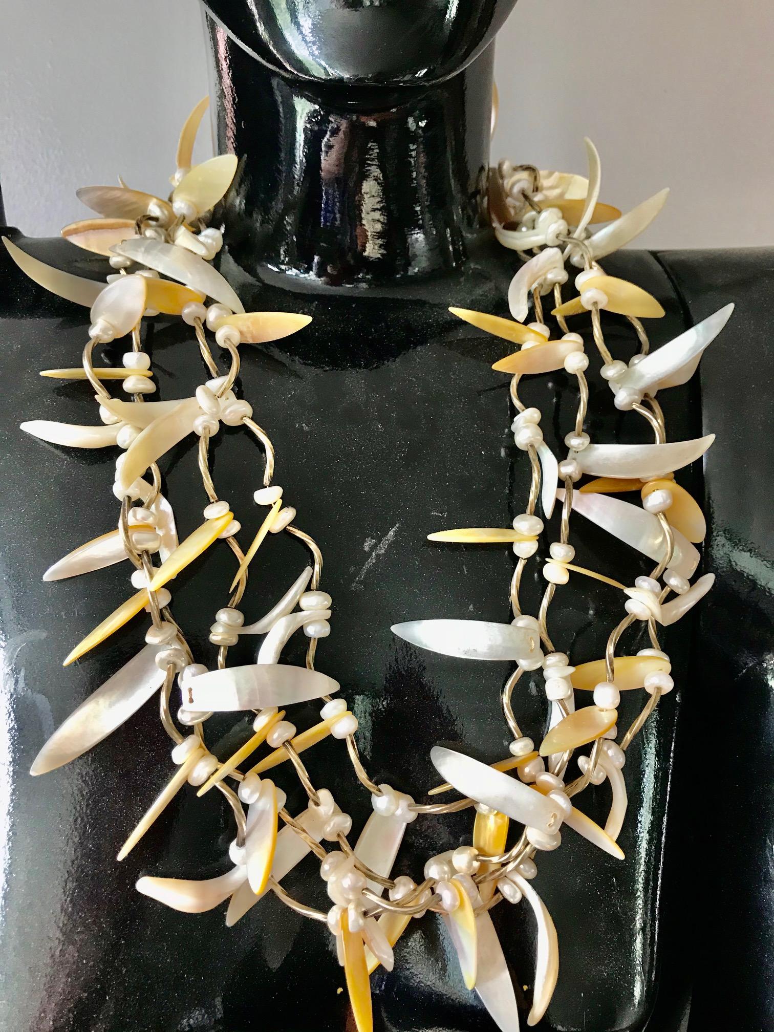 Pearls , mother of pearl petals , silver gold plated spacers, by Sylvia Gottwald For Sale 1