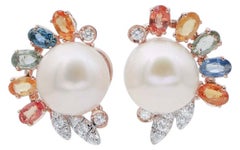 Pearls, Multicolor Sapphires, Diamonds, 14 Karat Rose and White Gold Earrings