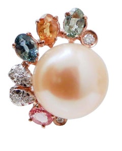 Boucles d'oreilles en or rose 14 carats avec perles, saphirs multicolores et diamants.