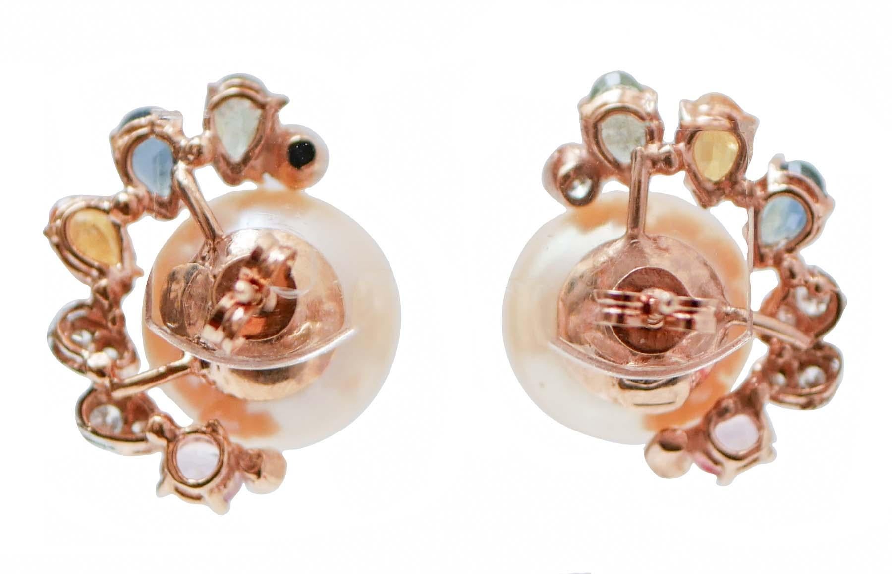 Perlen, mehrfarbige Saphire, Diamanten, Ohrringe aus 14 Karat Roségold. (Retro)