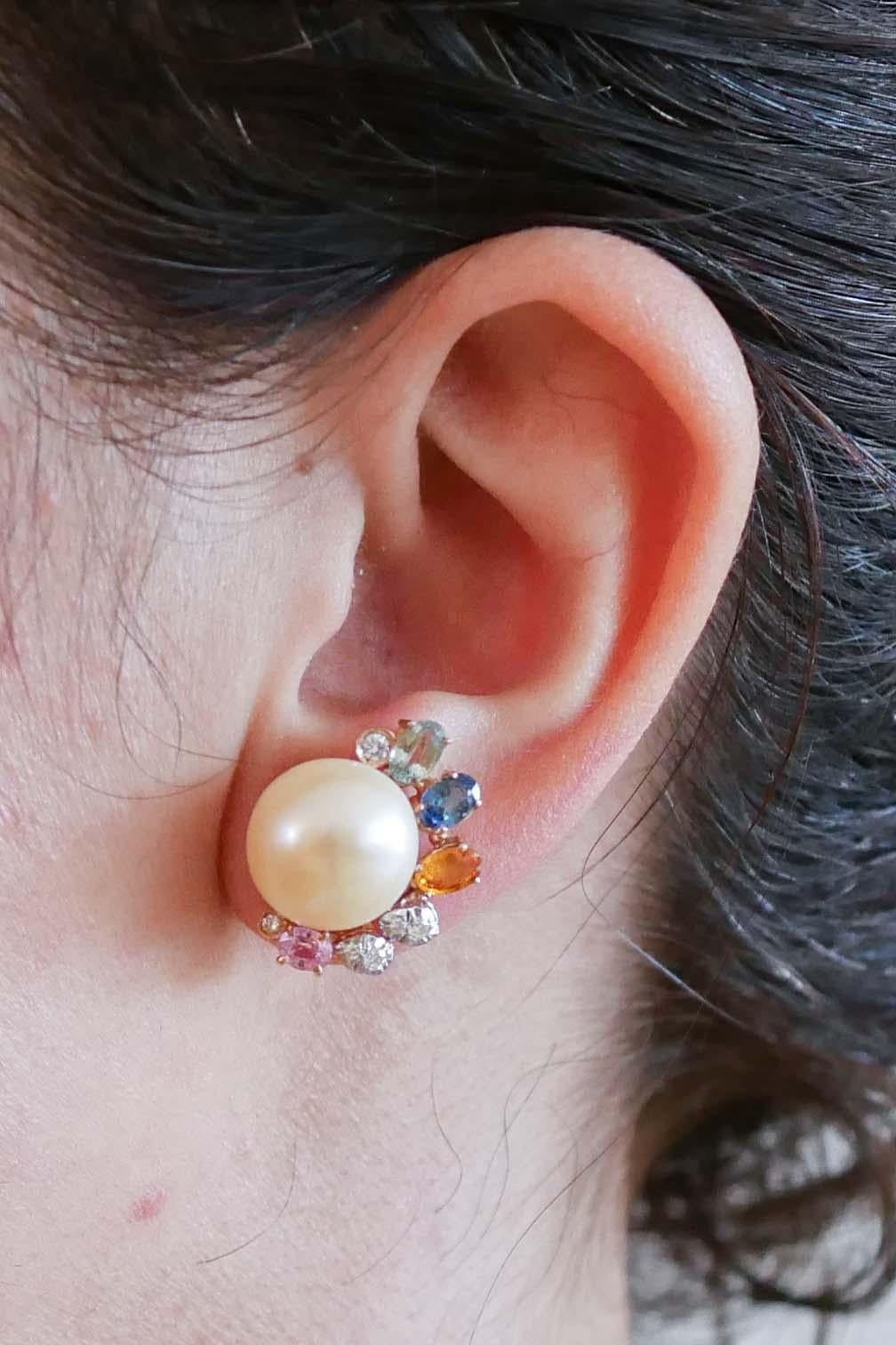 Mixed Cut Pearls, Multicolor Sapphires, Diamonds, 14 Karat Rose Gold Earrings. For Sale