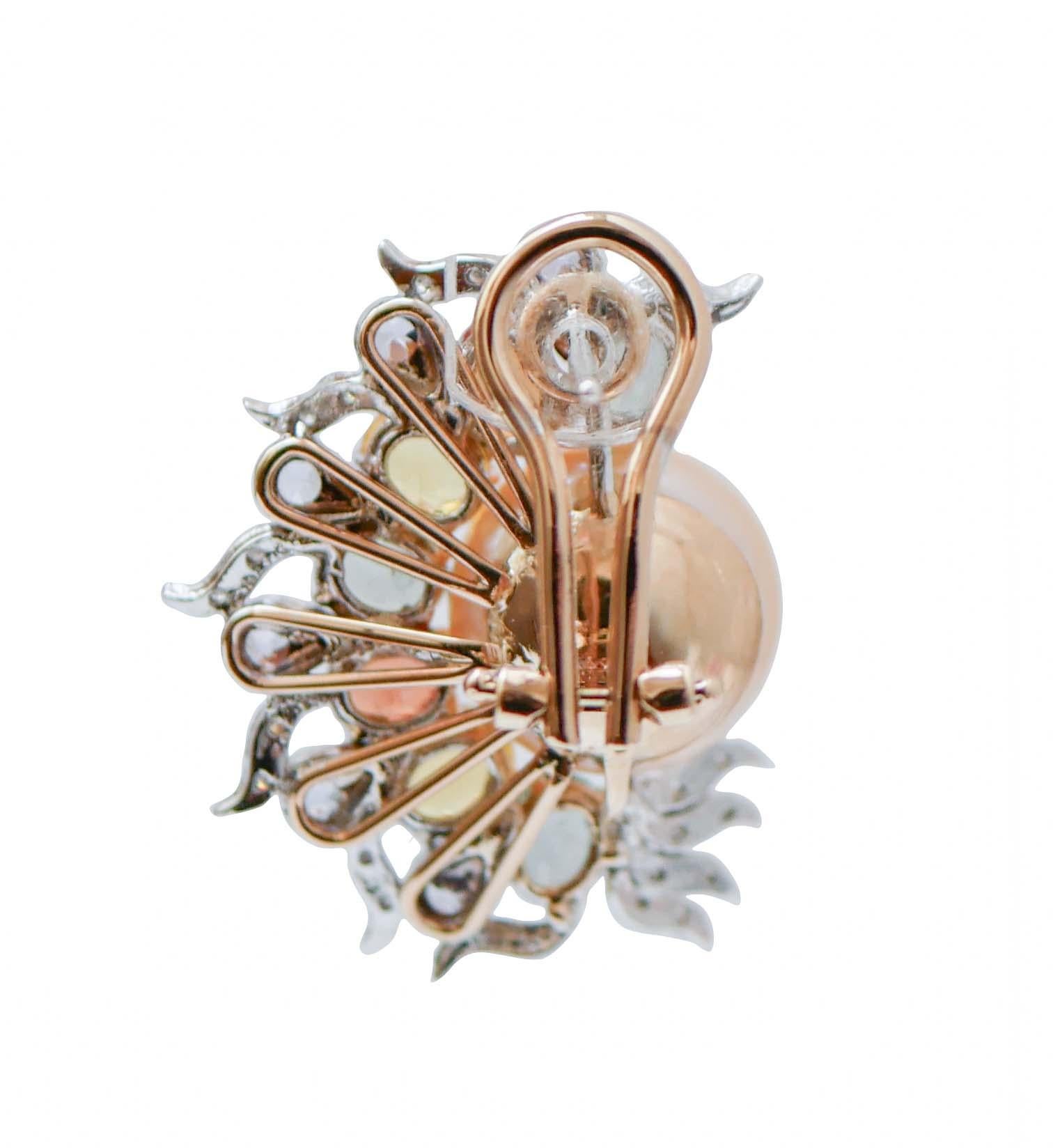 Rétro Boucles d'oreilles en or rose et or blanc 14 carats, perles, saphirs multicolores, diamants en vente