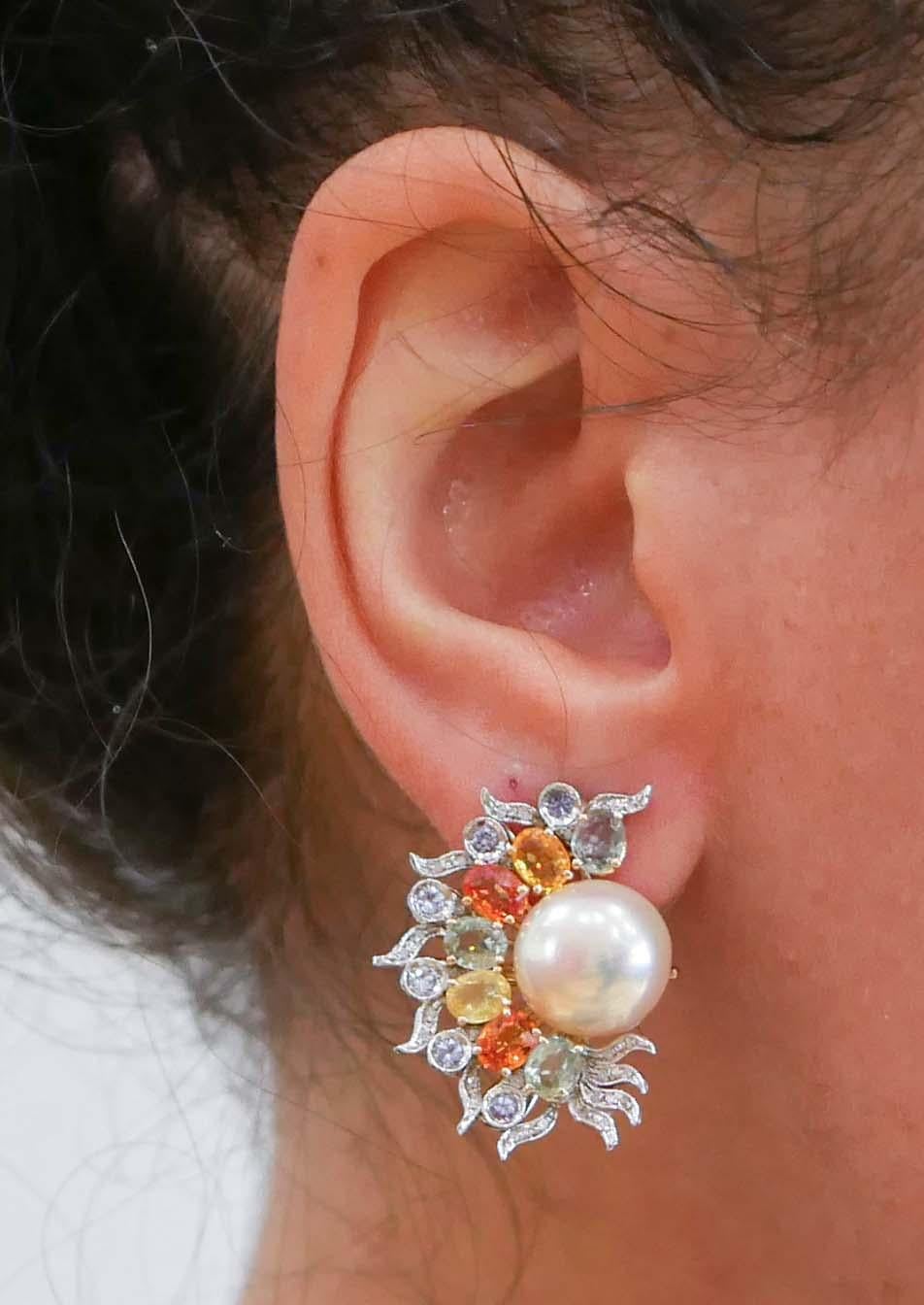 Boucles d'oreilles en or rose et or blanc 14 carats, perles, saphirs multicolores, diamants Bon état - En vente à Marcianise, Marcianise (CE)