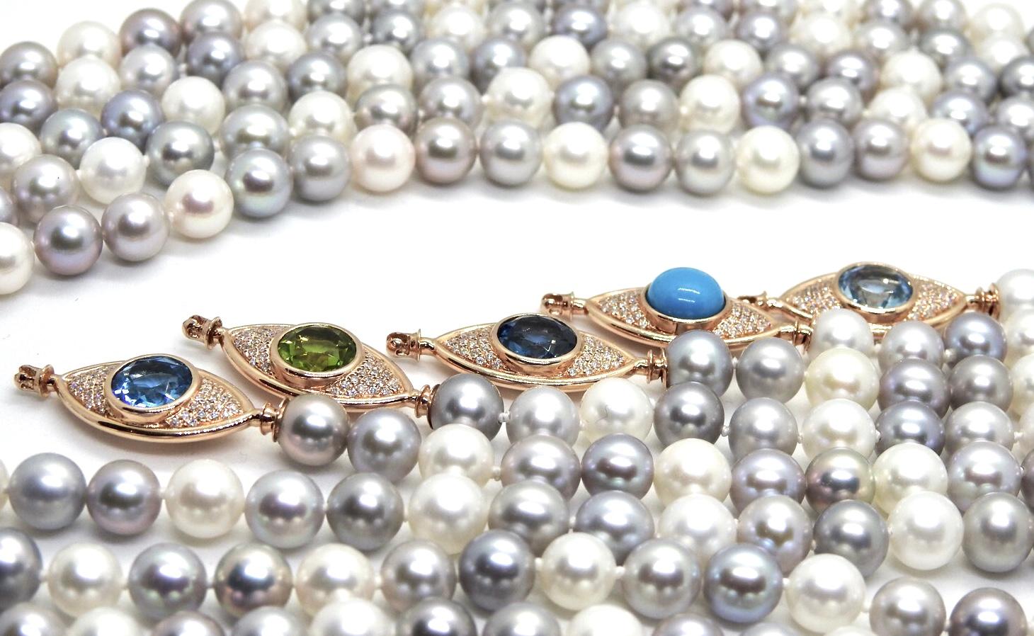 Contemporary Pearls Necklace with 18 Karat Gold, Diamonds and London Blue Topaz Eye Clasp For Sale