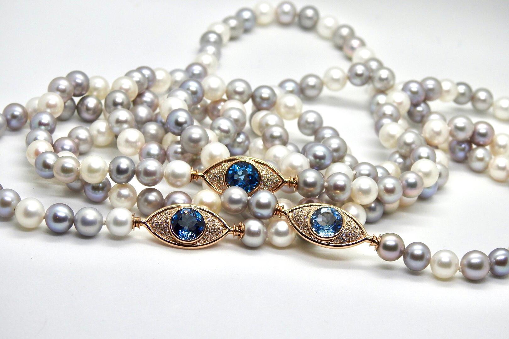 Women's or Men's Pearls Necklace with 18 Karat Gold, Diamonds and London Blue Topaz Eye Clasp For Sale