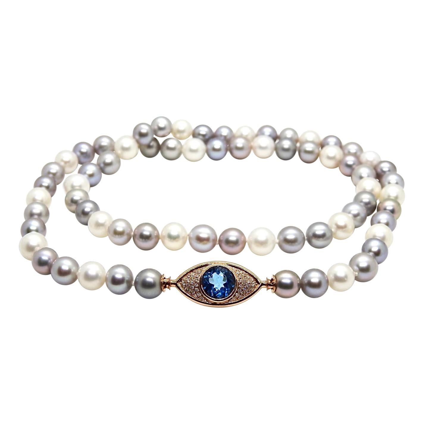 Pearls Necklace with 18 Karat Gold, Diamonds and London Blue Topaz Eye Clasp For Sale