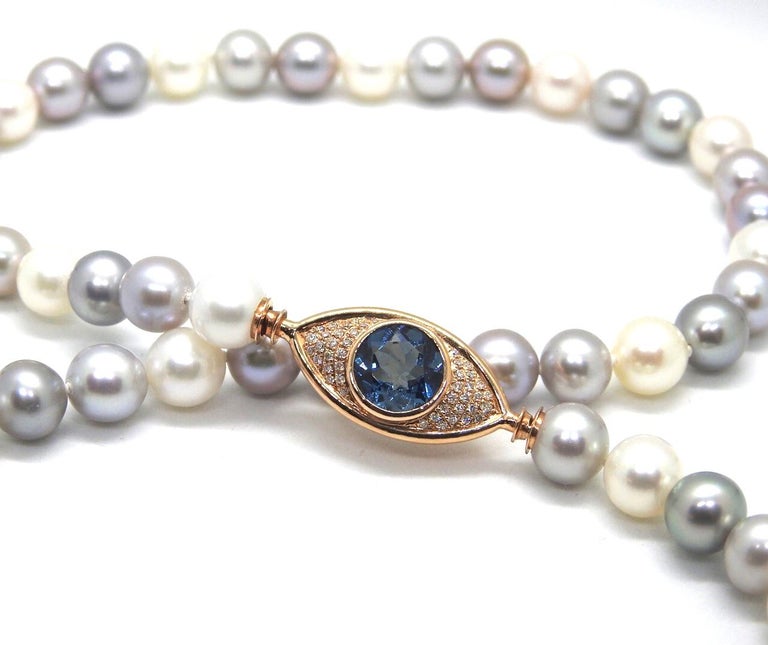 Pearls Necklace with 18 Karat Gold, Diamonds and Swiss Blue Topaz Eye