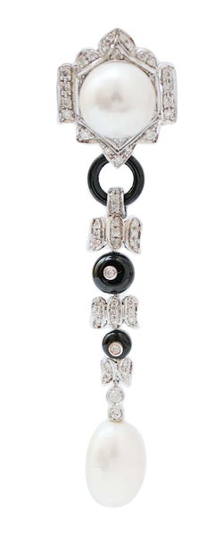 Pearls, Onyx, Diamonds, Platinum Earrings.