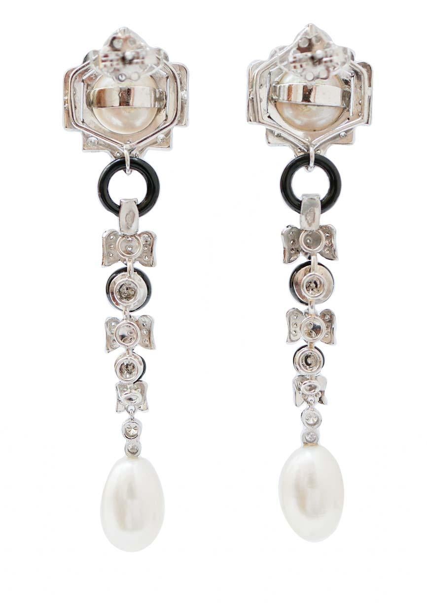 Pendientes de perlas, ónix, diamantes y platino. Retro en venta