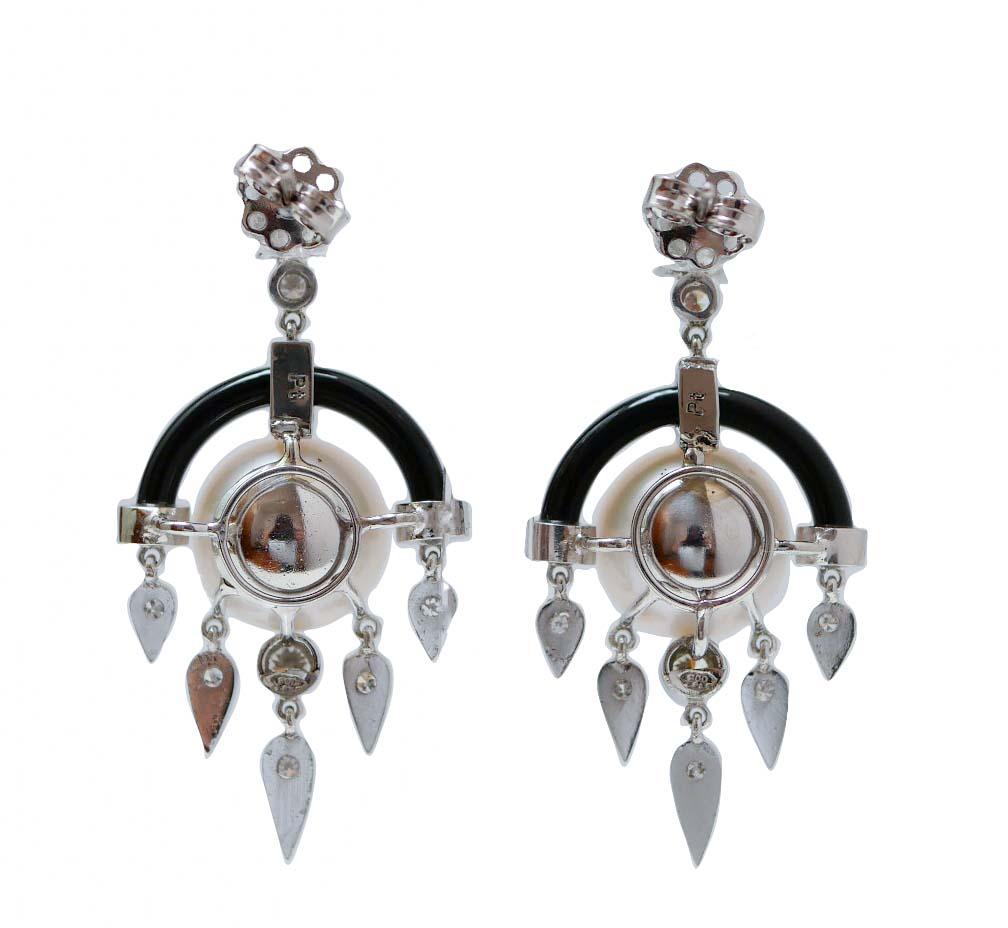 Pearls, Onyx, Diamonds, Platinum Earrings. Retro en venta